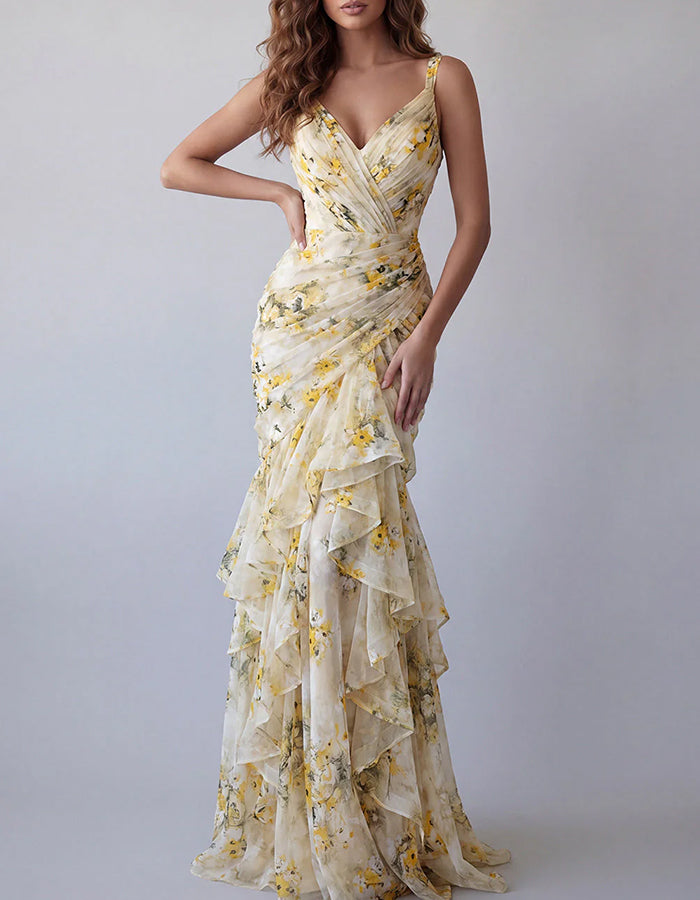 Yellow Floral V-Neck Chiffon Tiered Mermaid Maxi Dress