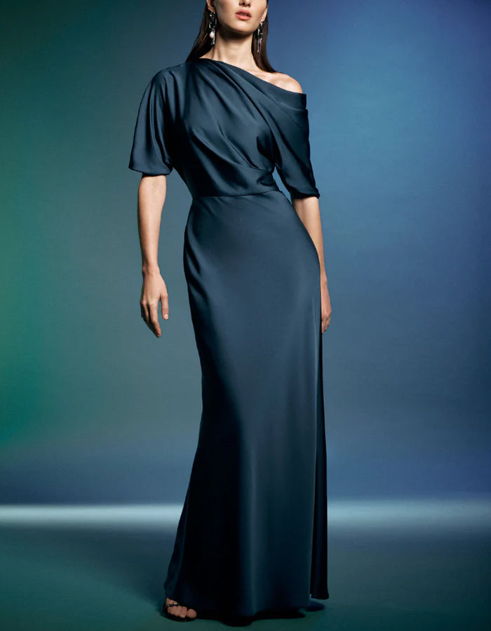 Lake Blue Satin Asymmetrical Neckline Maxi Dress