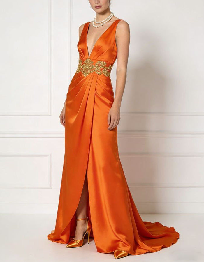 Orange Satin V-Neck Maxi Dress