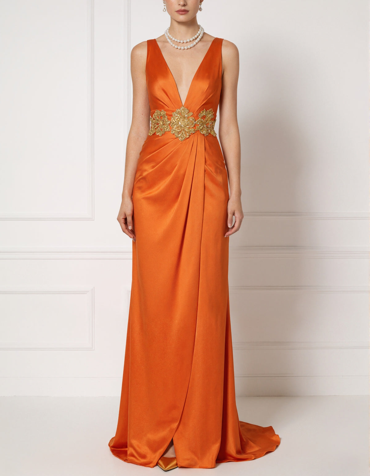 Orange Satin V-Neck Maxi Dress