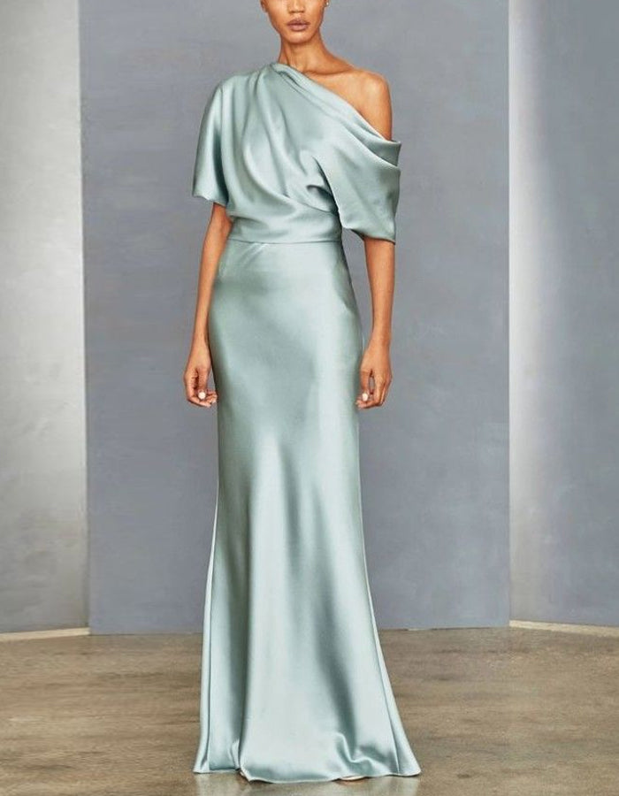 Aqua Green Satin Asymmetrical Off Shoulder Maxi Dress