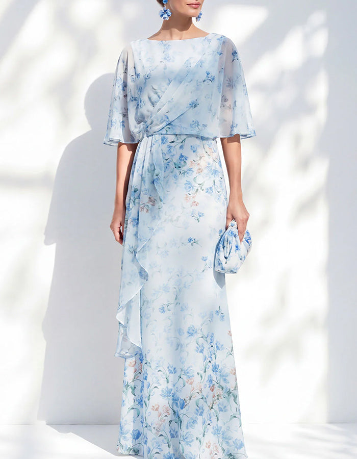 Light Blue Floral Chiffon Cape Sleeve Maxi Dress