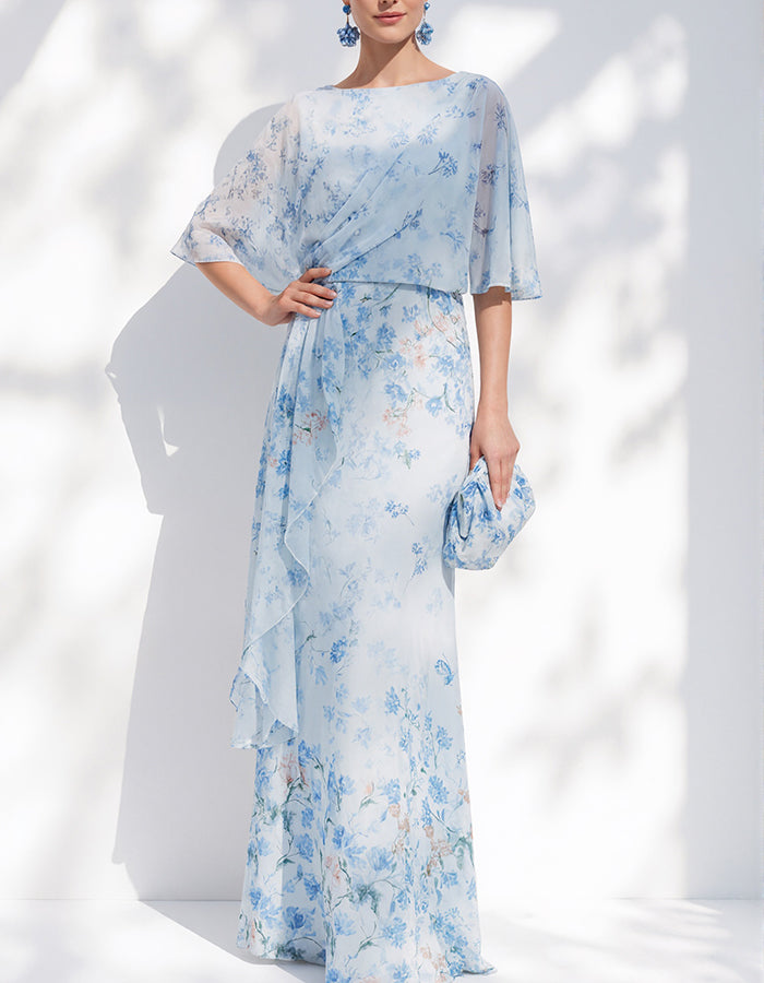 Light Blue Floral Chiffon Cape Sleeve Maxi Dress