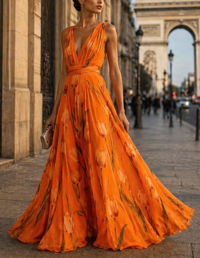 Solid Color Chiffon Tulip Print Maxi Dress