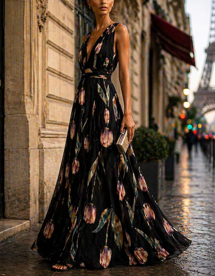 Solid Color Chiffon Tulip Print Maxi Dress