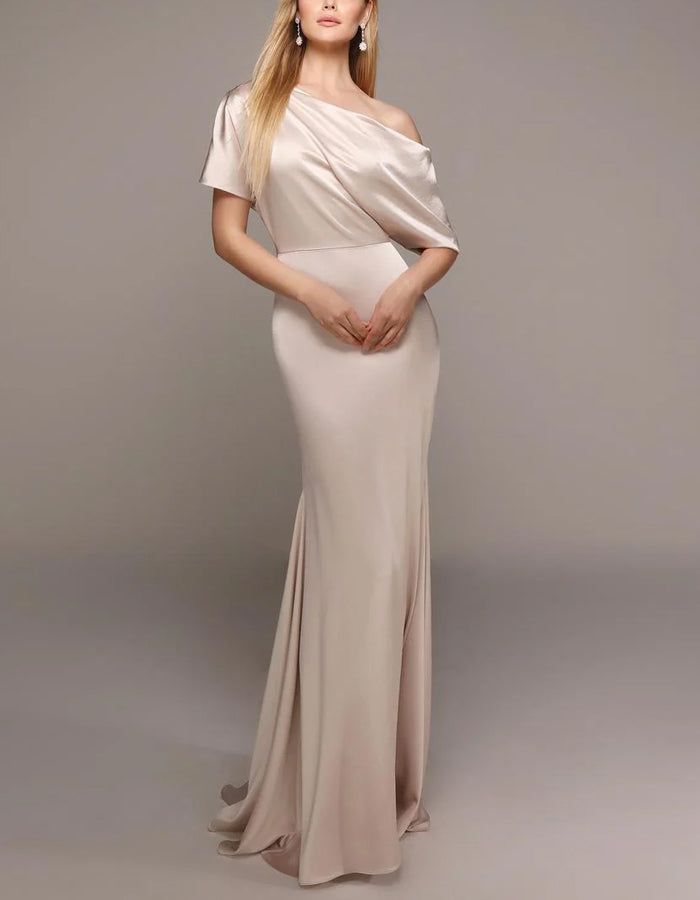 Solid Color Satin Off Shoulder Draped Maxi Dress