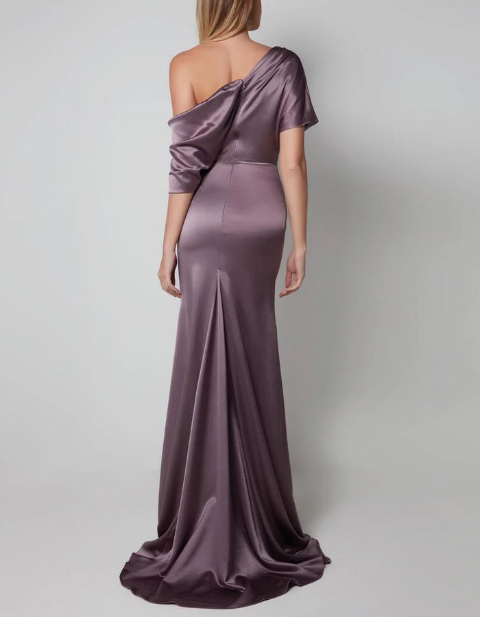 Solid Color Satin Off Shoulder Draped Maxi Dress