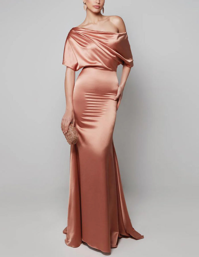 Solid Color Satin Off Shoulder Draped Maxi Dress