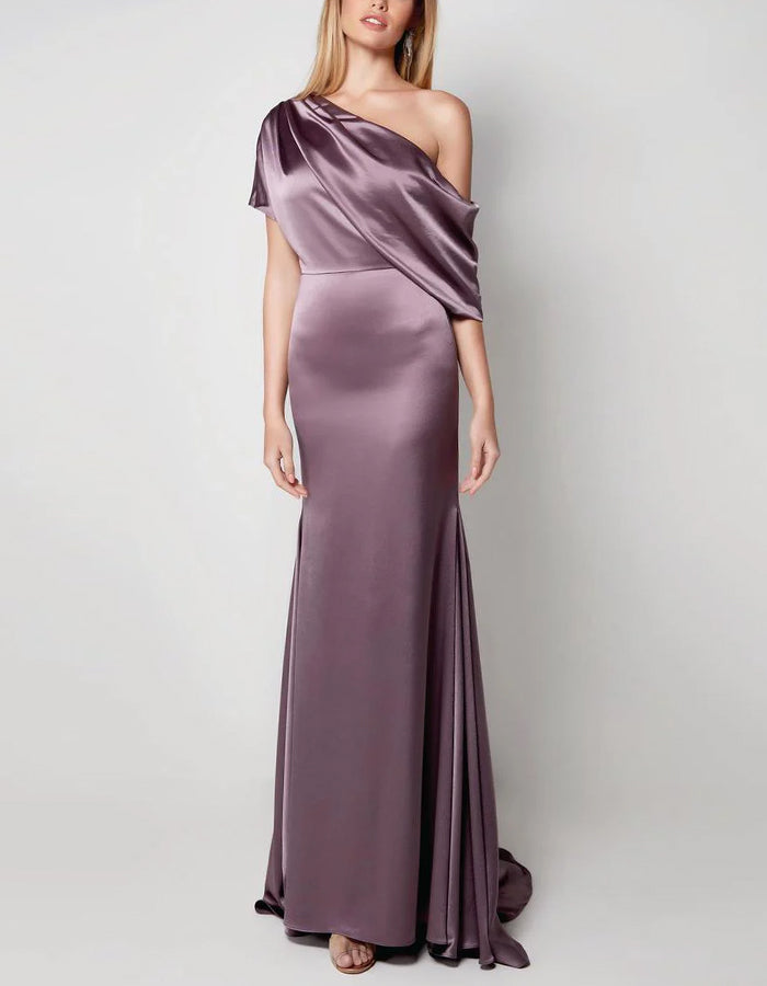 Solid Color Satin Off Shoulder Draped Maxi Dress