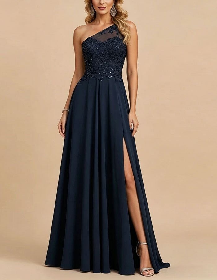 Navy Blue One Shoulder Lace Chiffon Maxi Dress