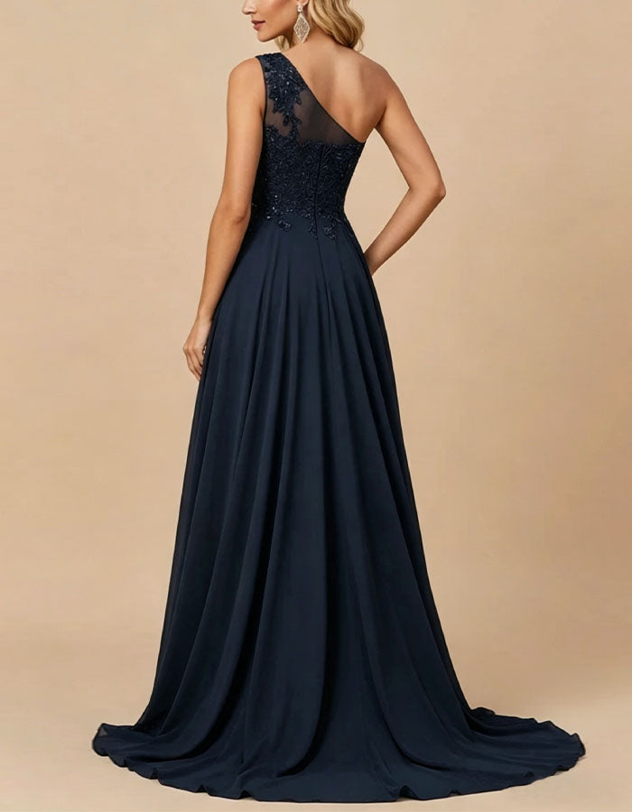 Navy Blue One Shoulder Lace Chiffon Maxi Dress