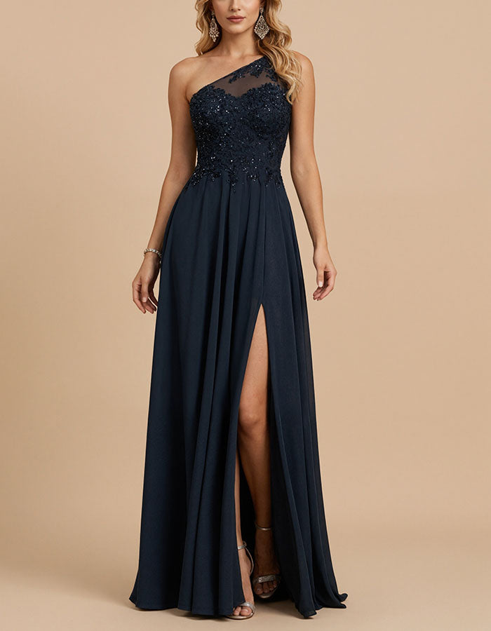 Navy Blue One Shoulder Lace Chiffon Maxi Dress