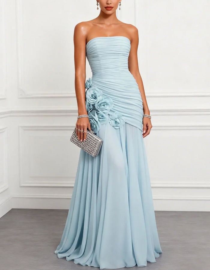 Dusty Blue Chiffon Strapless Floral Applique Maxi Dress