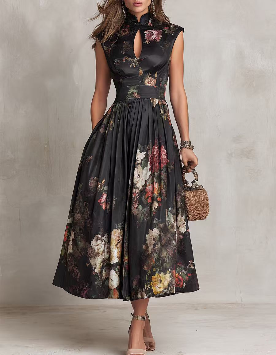 Black Satin Printed High-Neck Midi Dress