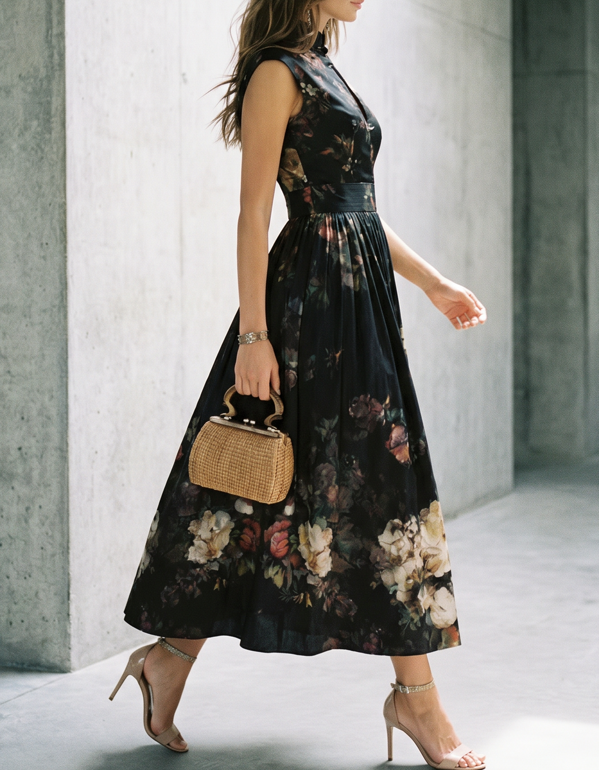 Black Satin Printed High-Neck Midi Dress
