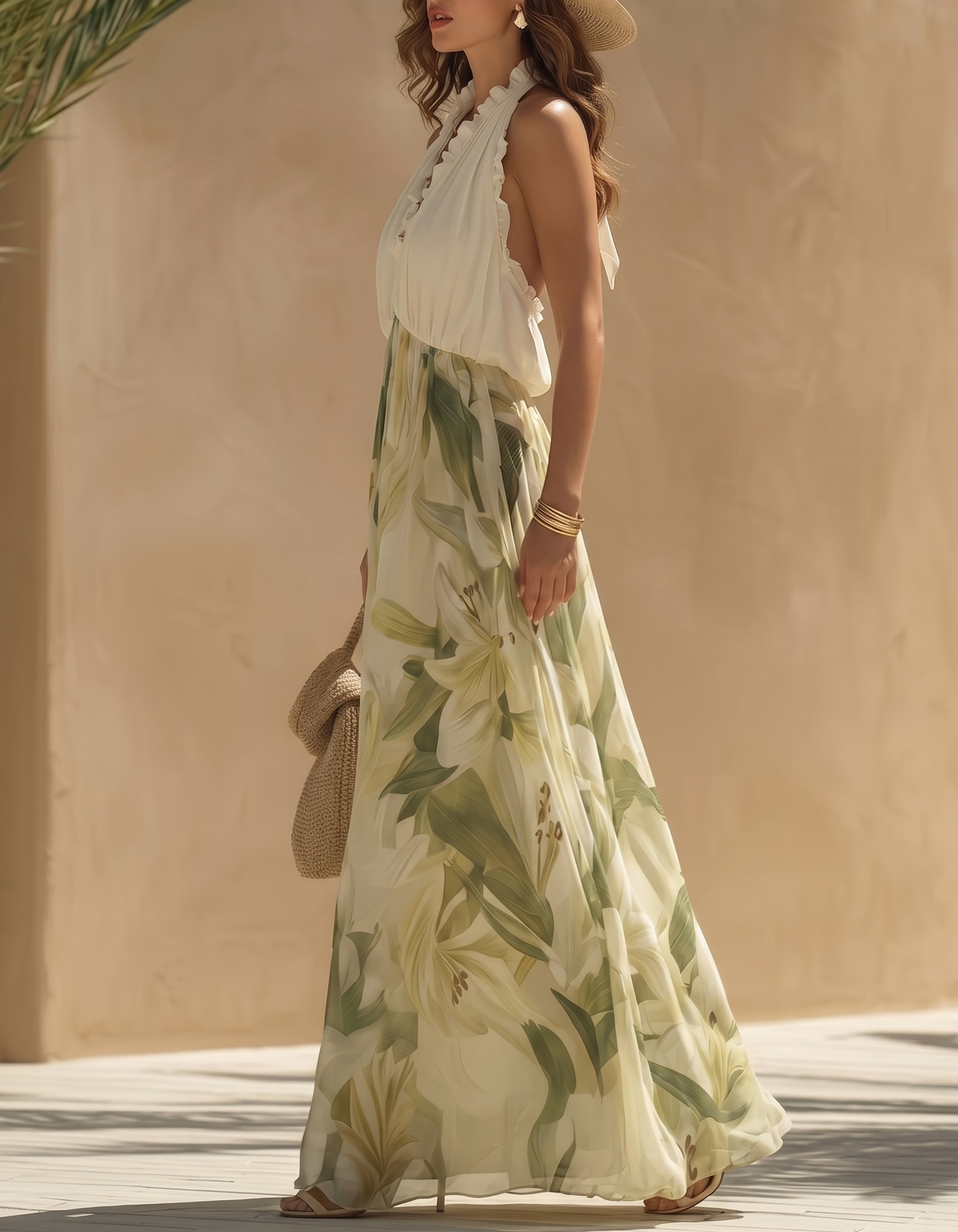 Light Green Chiffon Printed Halter Neck Maxi Dress