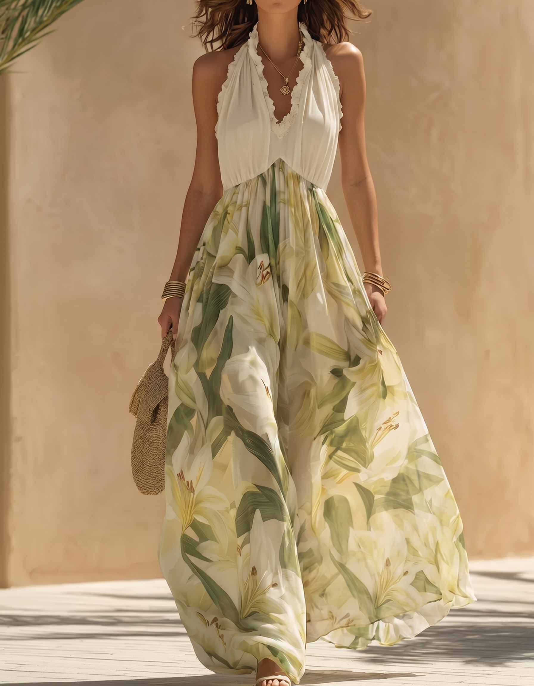 Light Green Chiffon Printed Halter Neck Maxi Dress