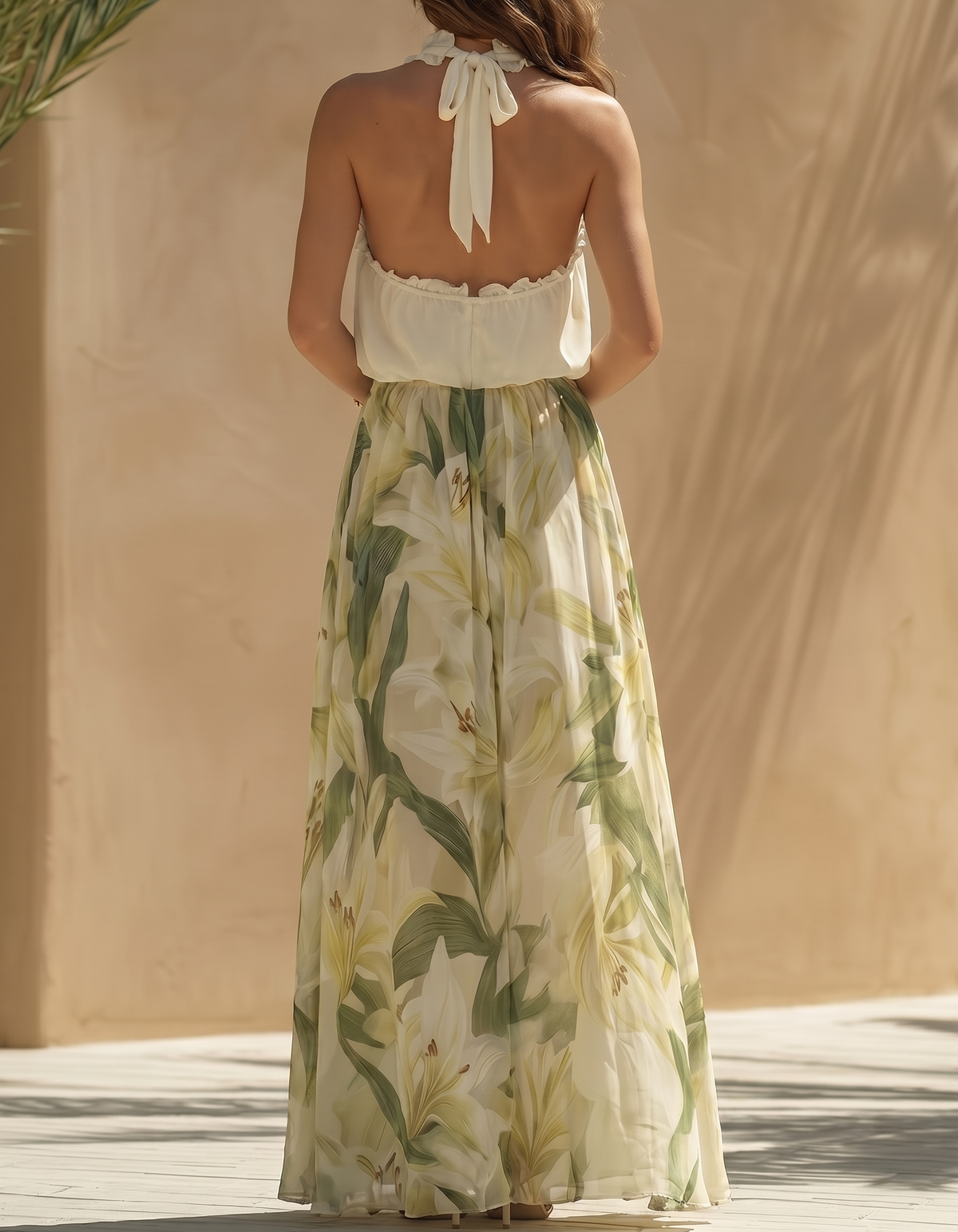 Light Green Chiffon Printed Halter Neck Maxi Dress