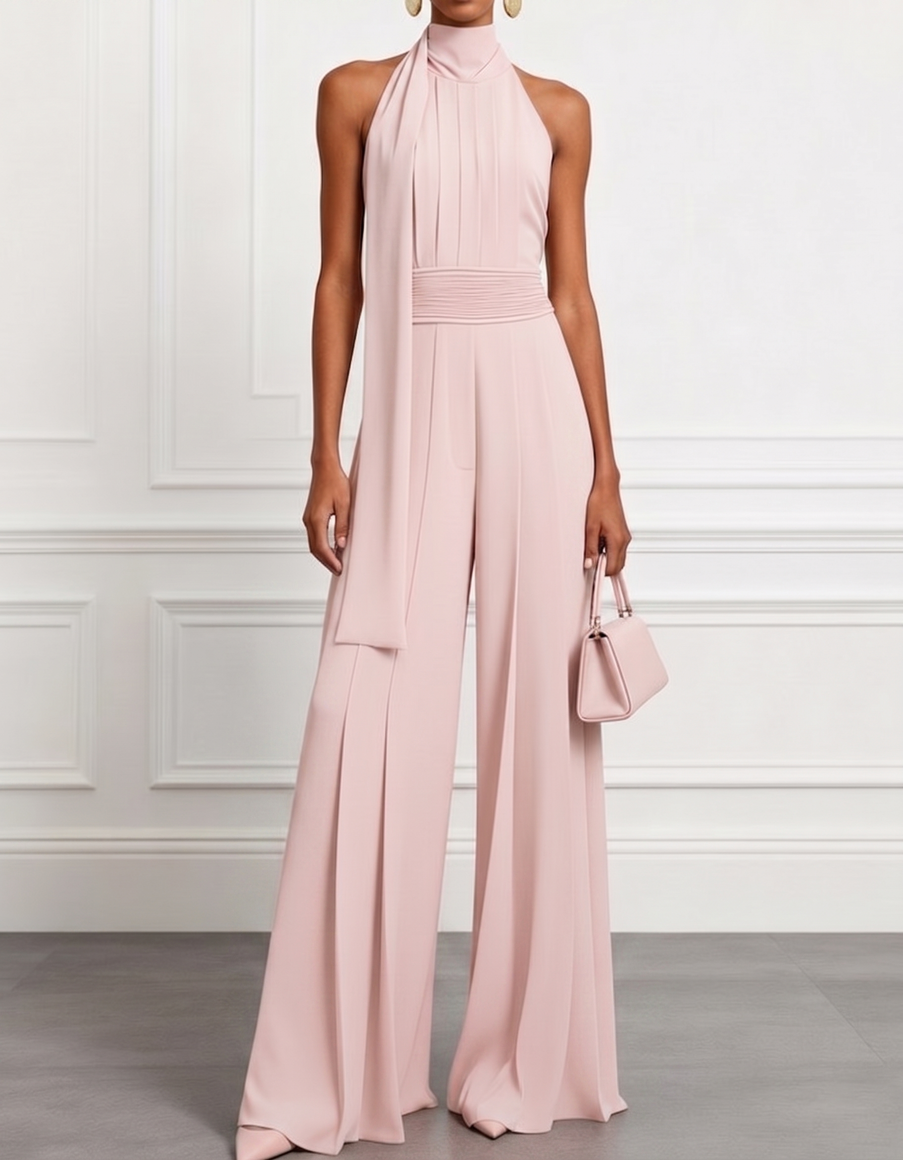 Chiffon Halter-Neck Ribbon Waist-Cinching Jumpsuit