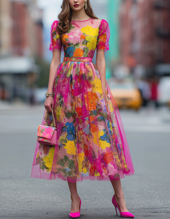 Watercolor Floral Tulle Midi Dress