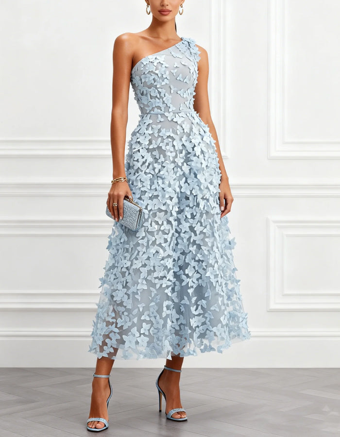 Light Blue 3D Floral Appliqué Shoulder Bag Maxi Dress
