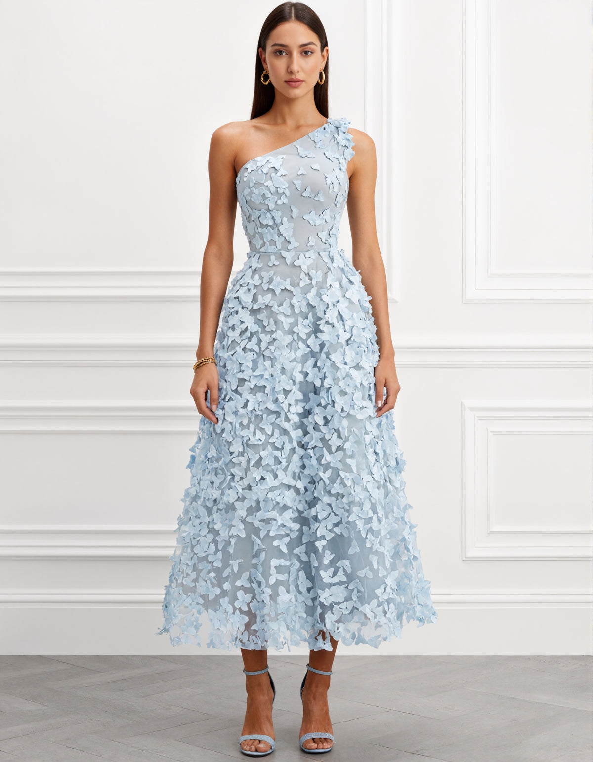 Light Blue 3D Floral Appliqué Shoulder Bag Maxi Dress