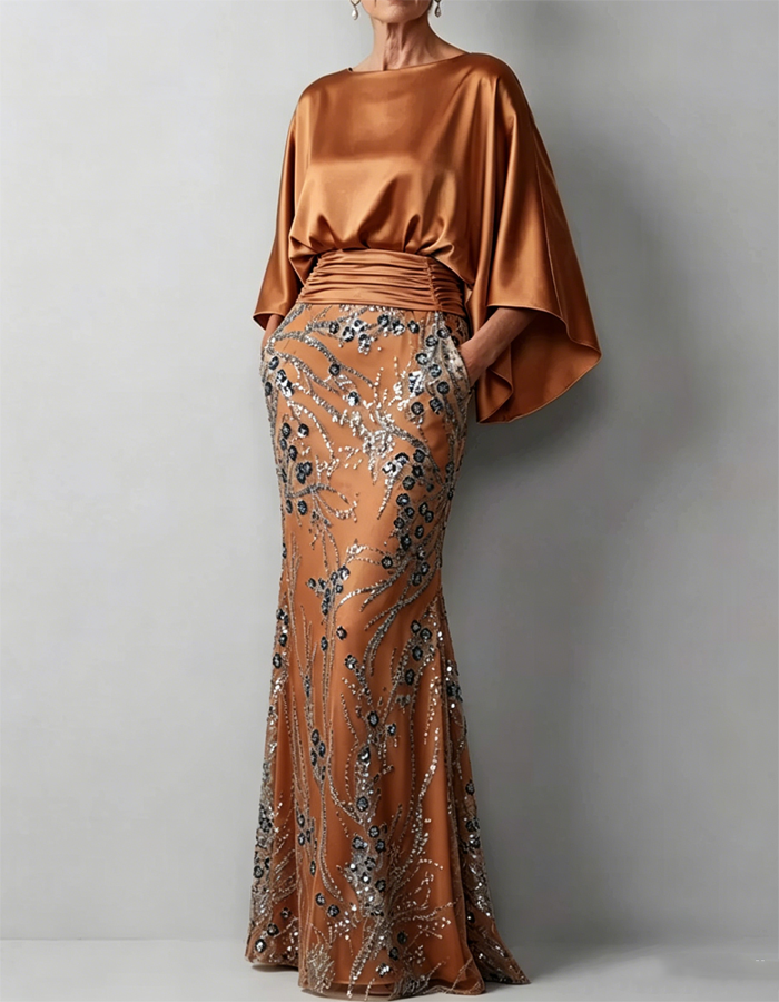 Champagne-colored Satin Cape-sleeved Maxi Dress