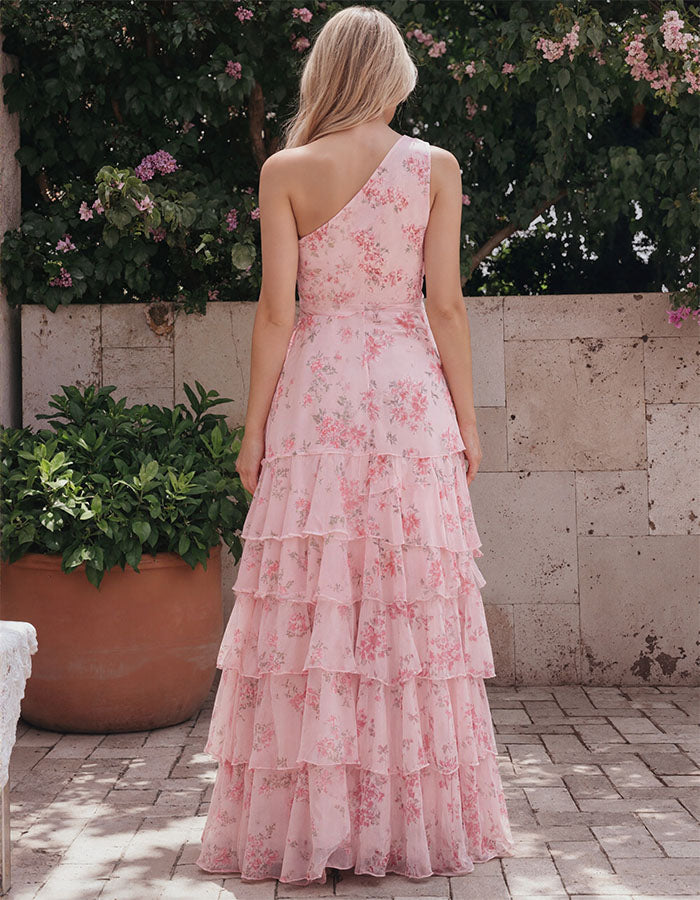 Pink Floral Chiffon One Shoulder Ruffle Maxi Dress