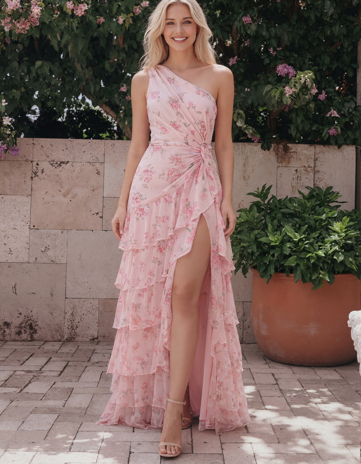 Pink Floral Chiffon One Shoulder Ruffle Maxi Dress