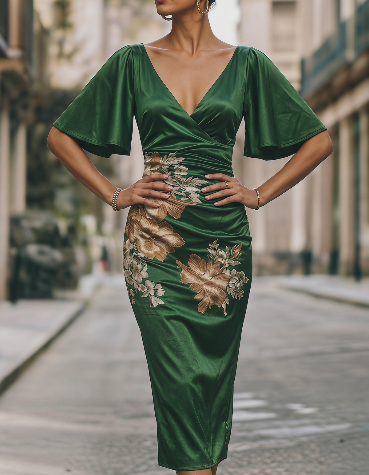 Dark Green Satin Floral Print Fishtail Midi Dress