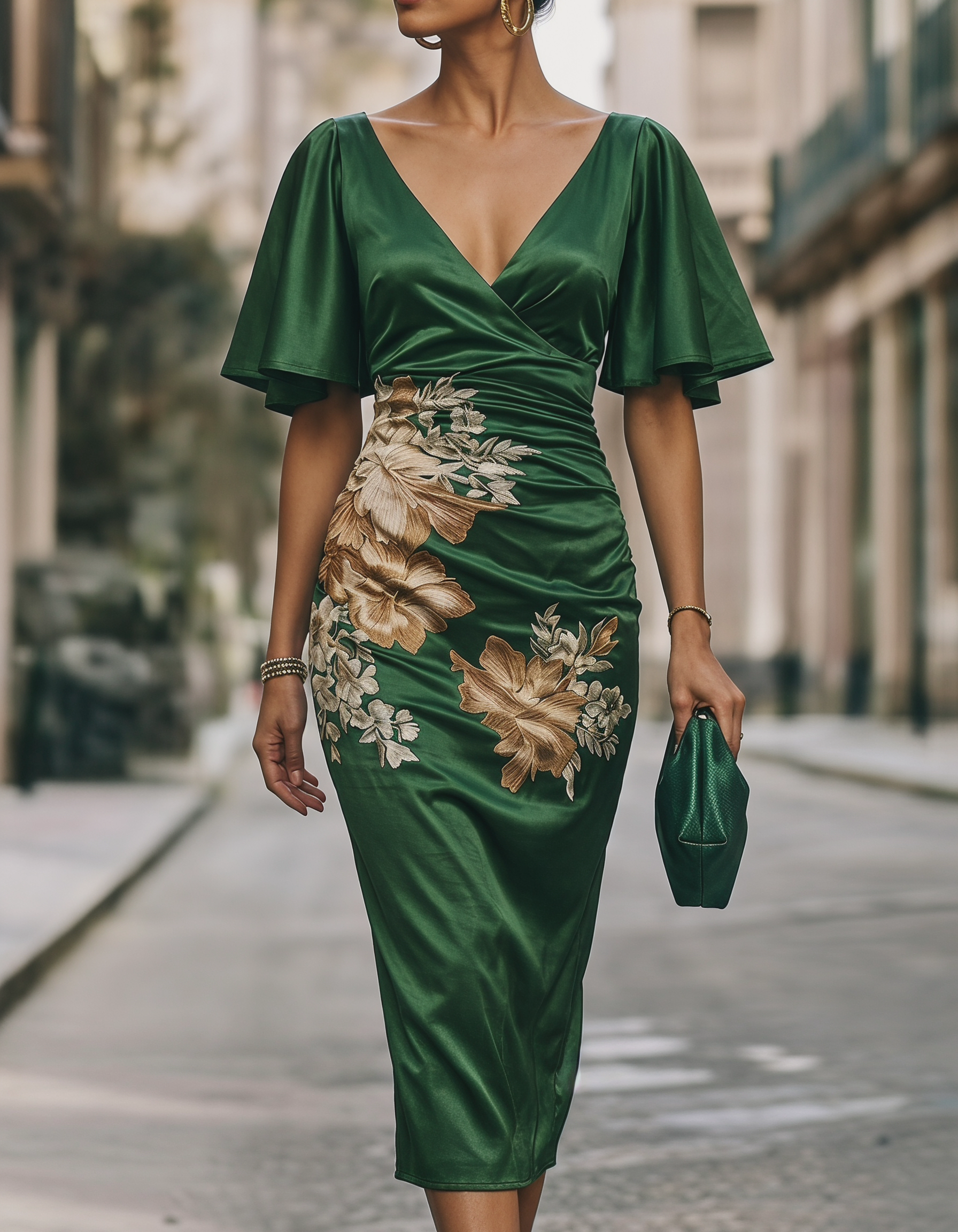Dark Green Satin Floral Print Fishtail Midi Dress