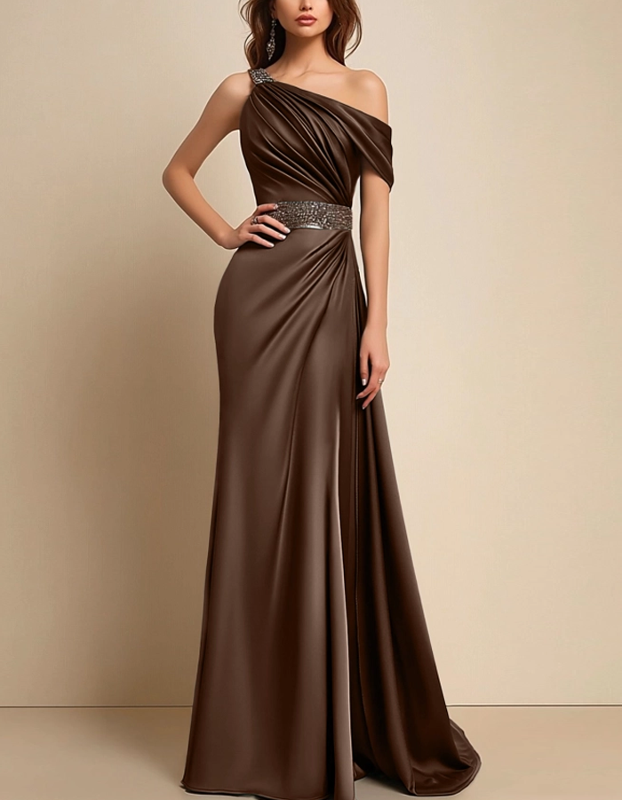Multicolor Satin One-Shoulder Maxi Dress