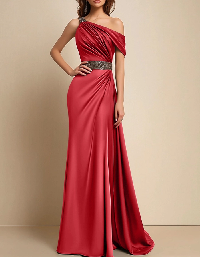 Multicolor Satin One-Shoulder Maxi Dress