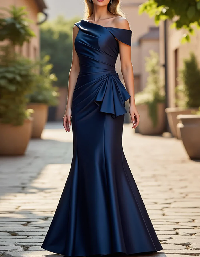 Navy Blue Satin Off-the-Shoulder Mermaid Maxi Dress