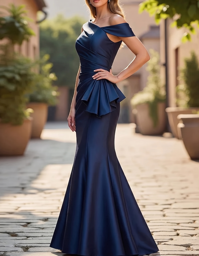 Navy Blue Satin Off-the-Shoulder Mermaid Maxi Dress
