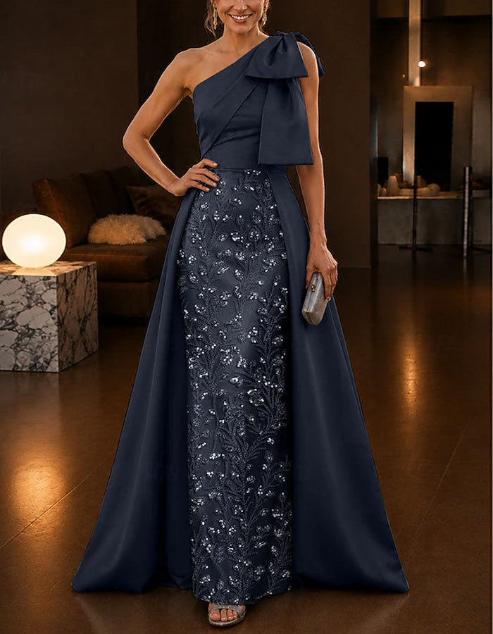 Solid Color Satin Sequined One Shoulder  Maxi Dress
