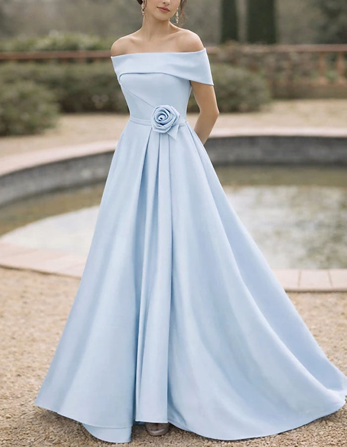 Solid Color Satin Off Shoulder Maxi Dress