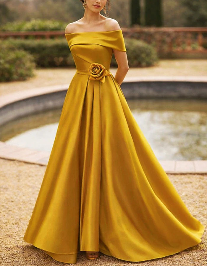 Solid Color Satin Off Shoulder Maxi Dress