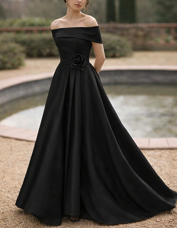 Solid Color Satin Off Shoulder Maxi Dress