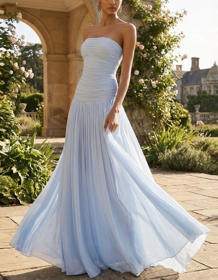 Multicolor Pleated Chiffon Strapless A-line Maxi Dress