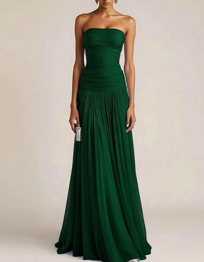 Multicolor Pleated Chiffon Strapless A-line Maxi Dress