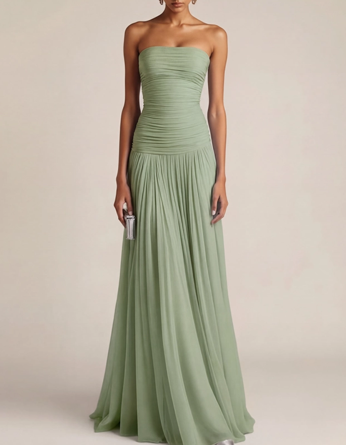Multicolor Pleated Chiffon Strapless A-line Maxi Dress