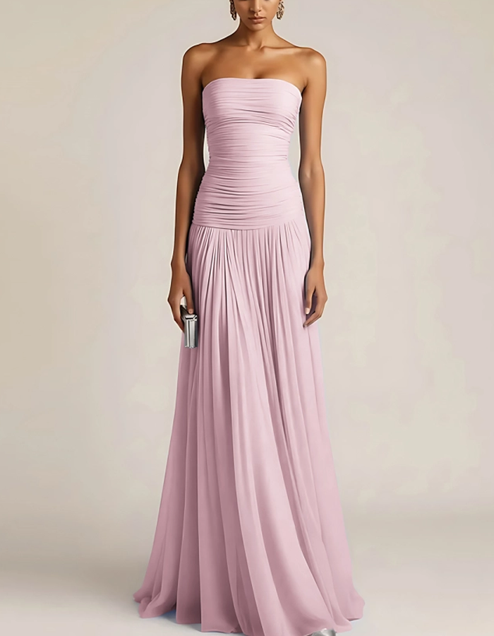 Multicolor Pleated Chiffon Strapless A-line Maxi Dress