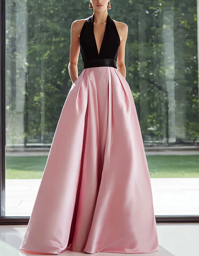 Black and Pink Satin Maxi Dress