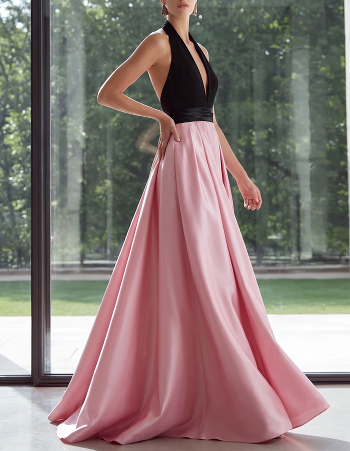 Black and Pink Satin Maxi Dress
