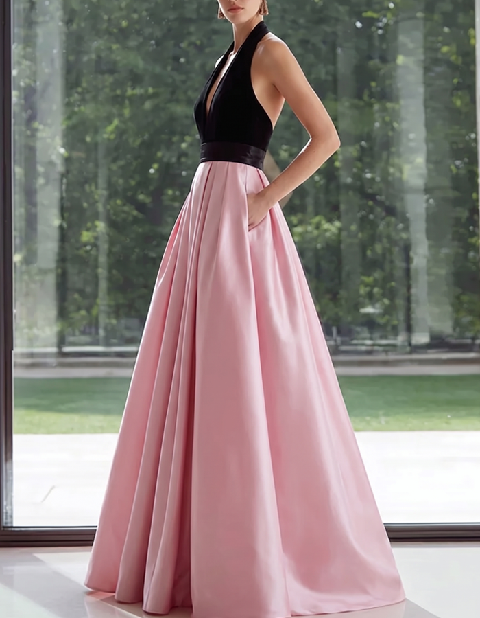 Black and Pink Satin Maxi Dress