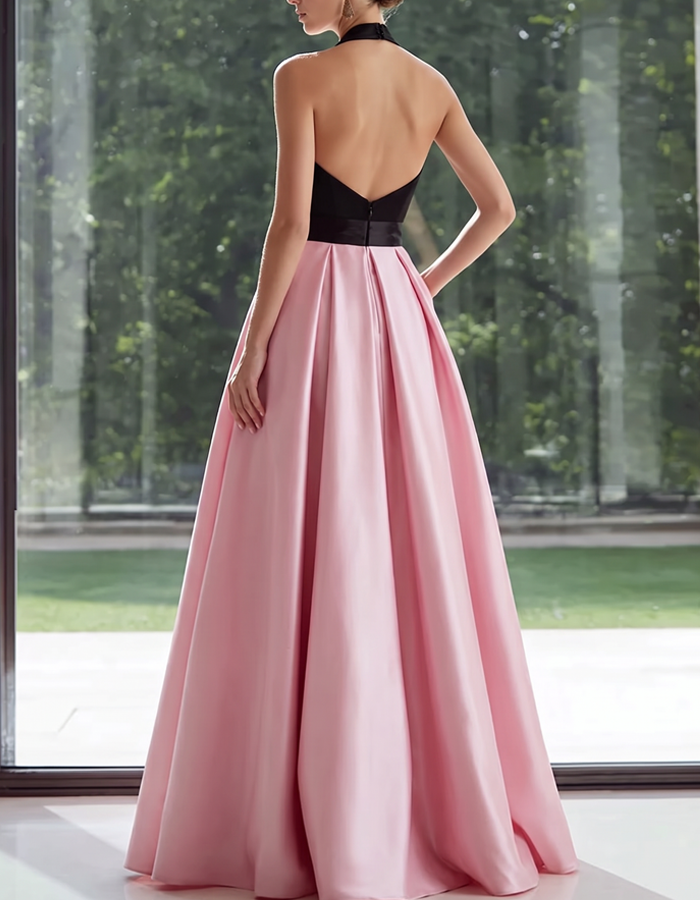 Black and Pink Satin Maxi Dress