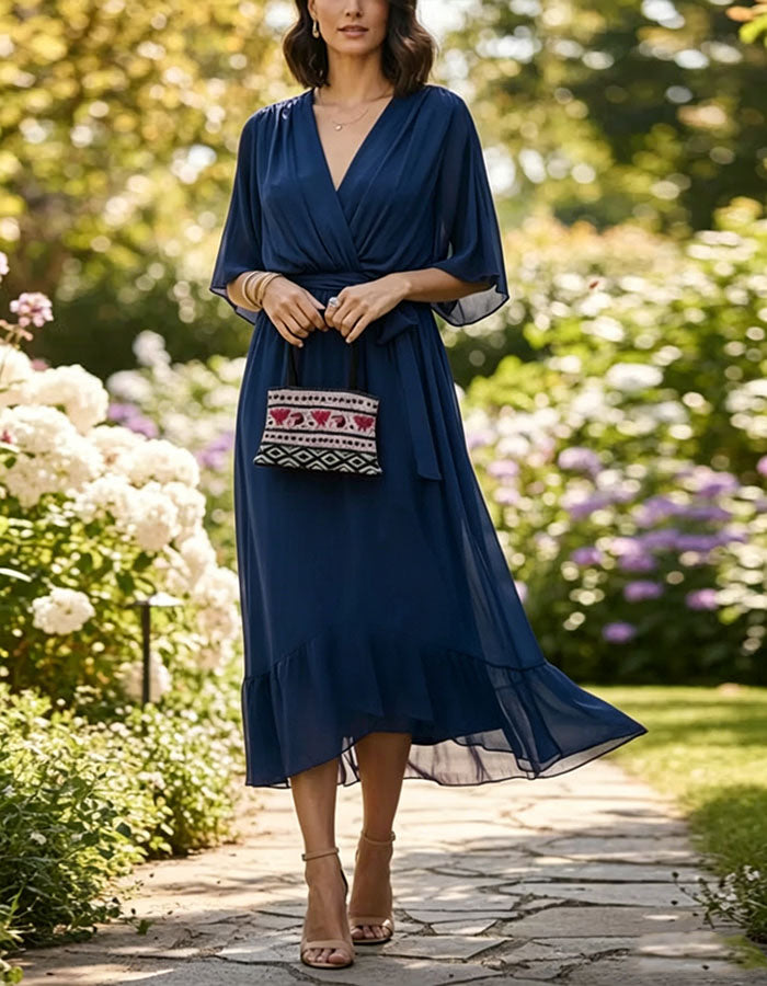 Solid Color V-Neck Ruffled Chiffon Midi Dress