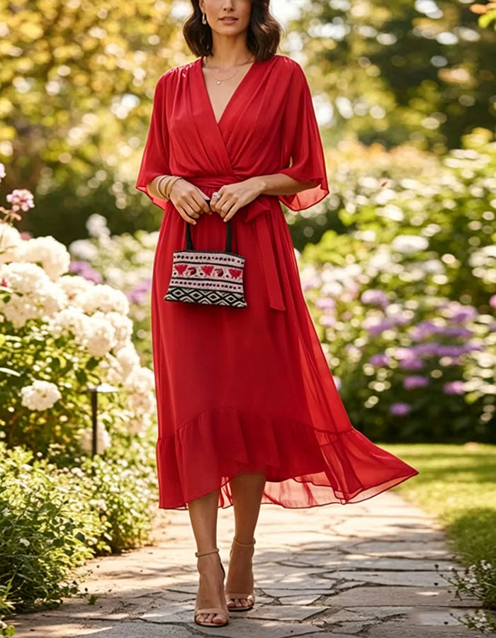 Solid Color V-Neck Ruffled Chiffon Midi Dress