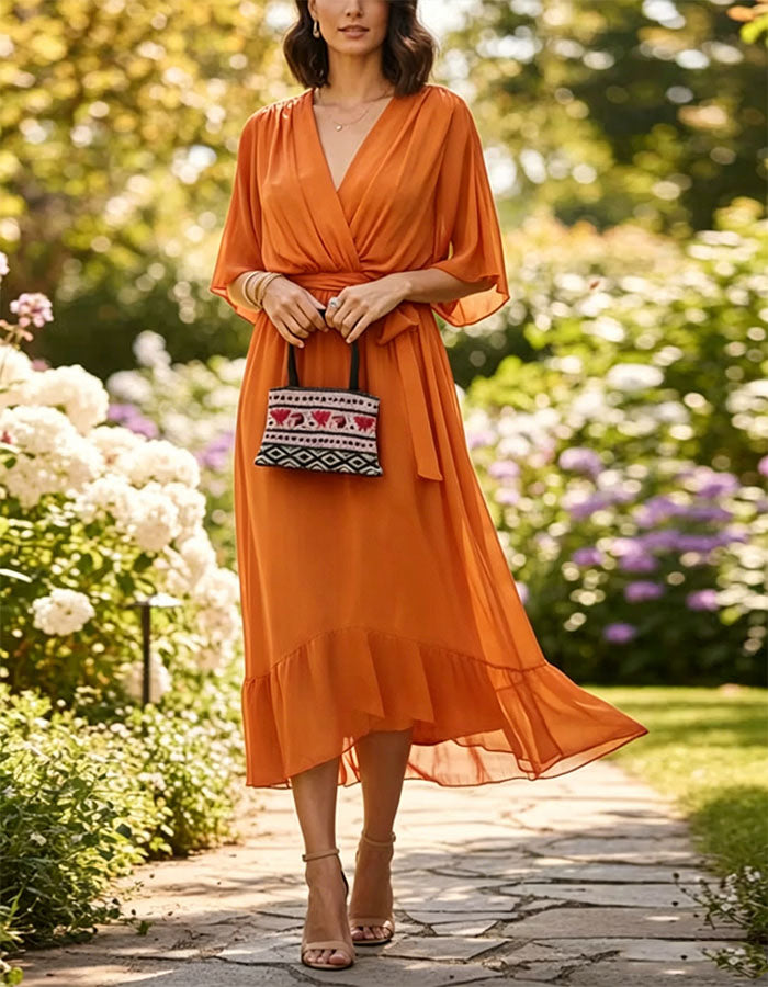 Solid Color V-Neck Ruffled Chiffon Midi Dress